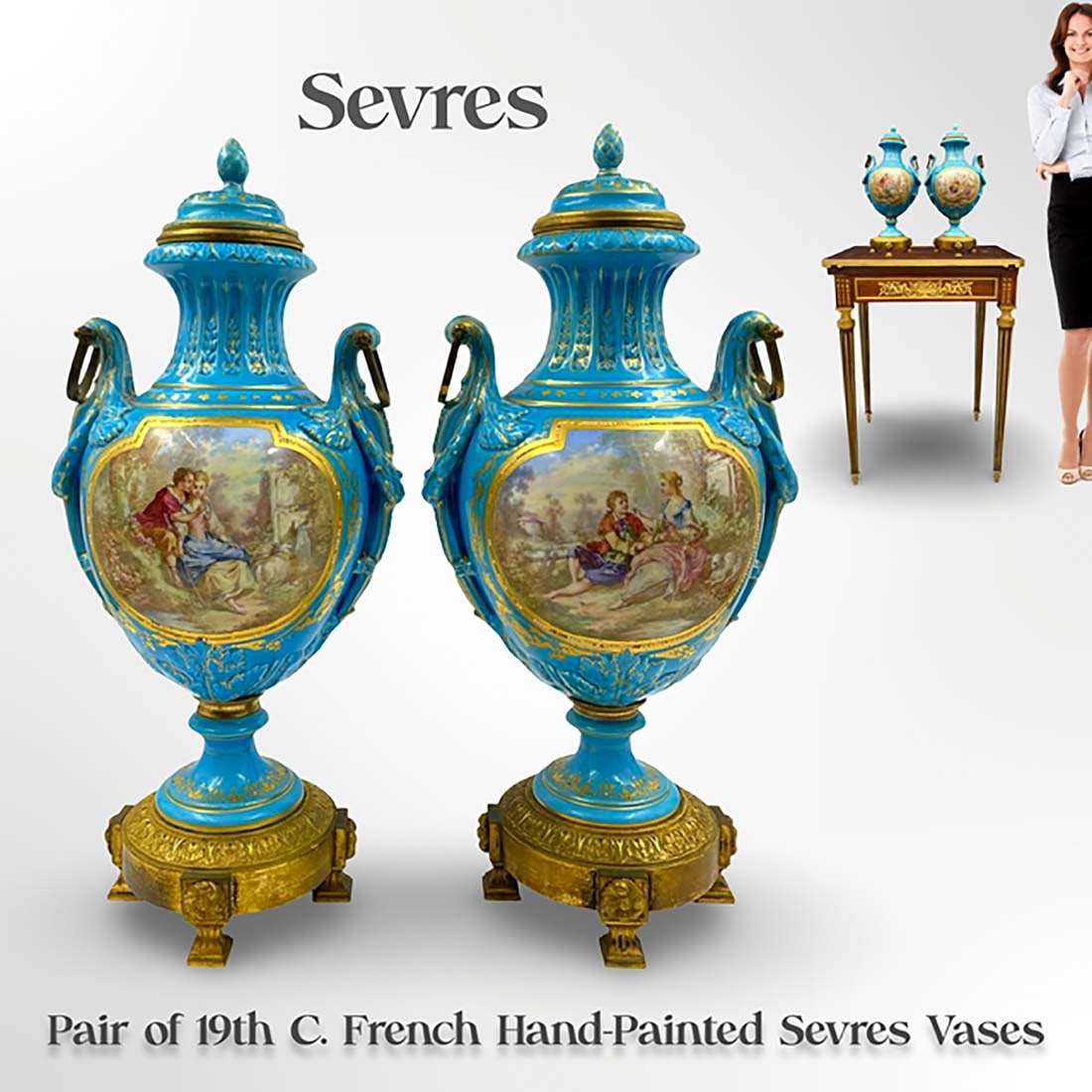 A Pair of 19th C. French Sevres Hand-Painted Porcelain Lidded Vases: A Pair of 19th C. French Sevres Hand-Painted Porcelain Lidded Vases. Note: The pedestal is NOT included! H 16" x L 7.5" x W 5.5"
