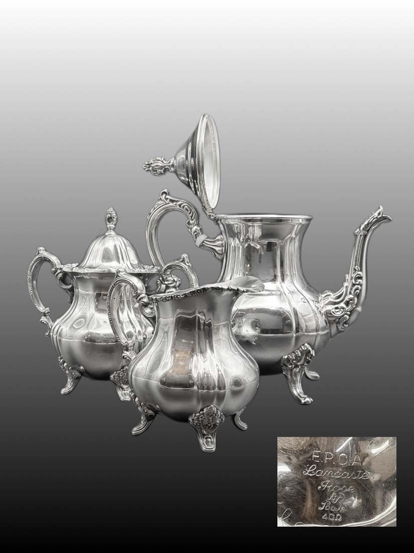 A Vintage Set of 3 Pieces English Lancaster Rose EPCA Silver-Plated Tea/Coffee, Hallmarked: A Vintage Set of 3 Pieces English Lancaster Rose EPCA Silver-Plated Tea/Coffee, Hallmarked. Biggest item size: 10.5" x 10.25". About item: EPCA means Electroplated Copper Alloy, indicating that a thin