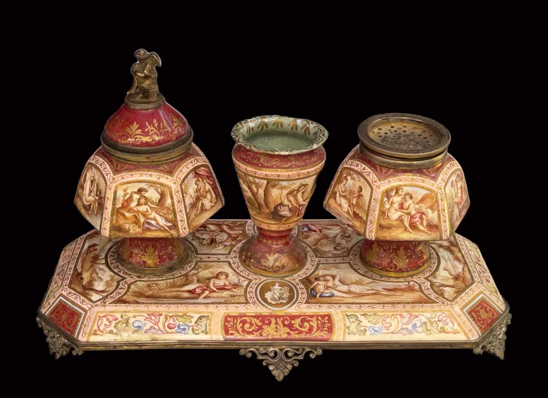 A Fine 19th C. Viennese Enamel On Bronze Inkwell: A Fine 19th C. Austrian Viennese Hand Painted Enamel Bronze Inkwell. 8"x 4" x 5" H