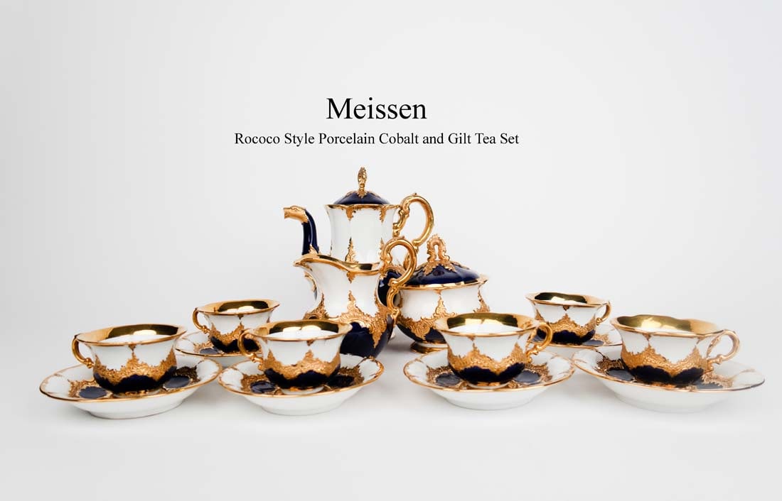A 20th C. German Meissen Rococo Style Cobalt & Gilt Porcelain Tea Set (1 of 12)