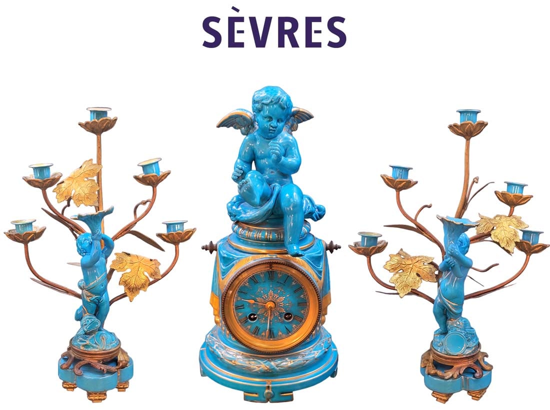 19th C. French Sevres Blue Porcelain Bronze Figural Clock Set (1 of 13)