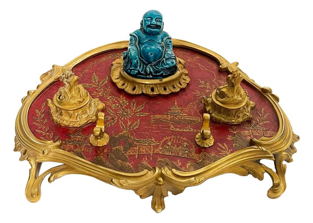 19th C. Millet Signed Chinoiserie Gilt Bronze & Lacquer Inkwell (1 of 9)