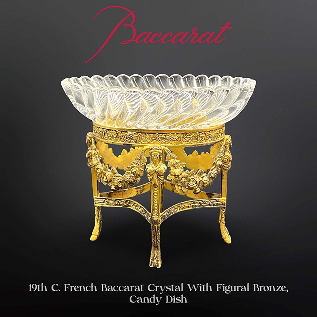 19th C. French Baccarat Crystal Figural Bronze Candy Dish/Centerpiece: 19th C. French Baccarat Crystal Figural Bronze Candy Dish/Centerpiece. H 5.4" x L 5.8" x W 4"