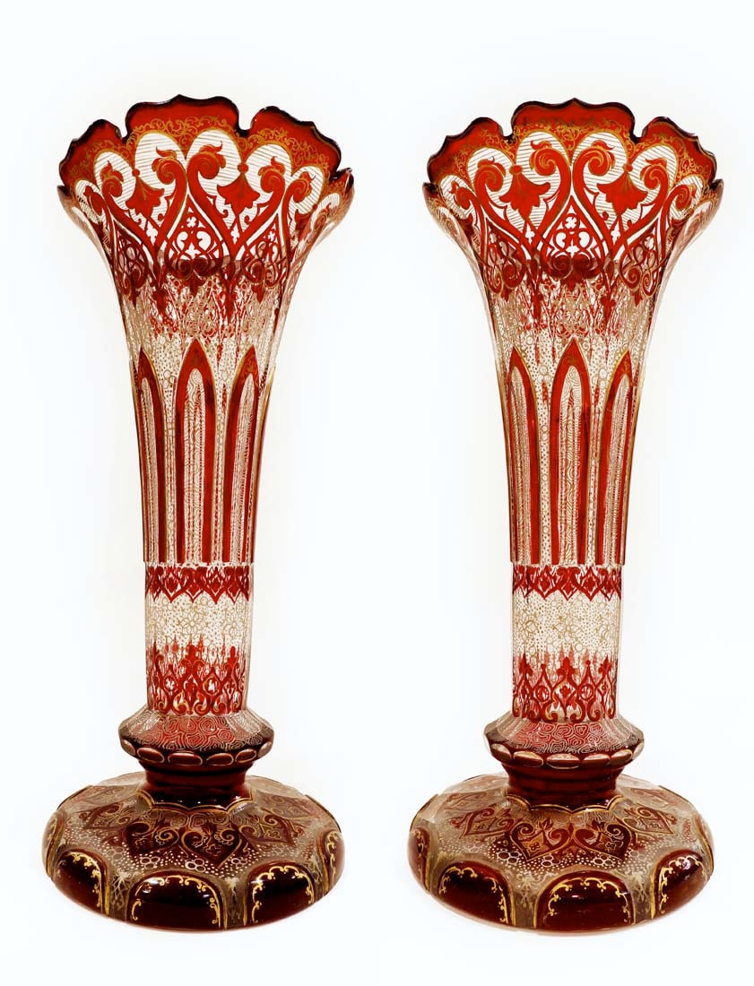 A Pair Of 19th C. Bohemian Cranberry Glass Vases: A Pair Of 19th C. Bohemian Cranberry Glass Vases. H 14"