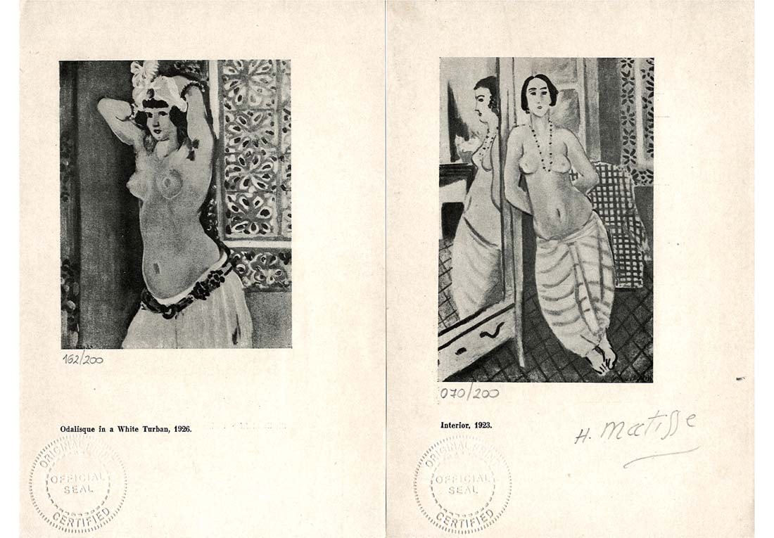 A Pair Of Vintage Henri Matisse Double-sided printing Lithography: A Pair Of Vintage Henri Matisse Double-sided printing Lithography. Stamped. Note: the item is NOT signed by the artist. 8" x 5.5" (Both). About Artist: Henri ?mile Beno?t Matisse (1869?1954) was a Fre