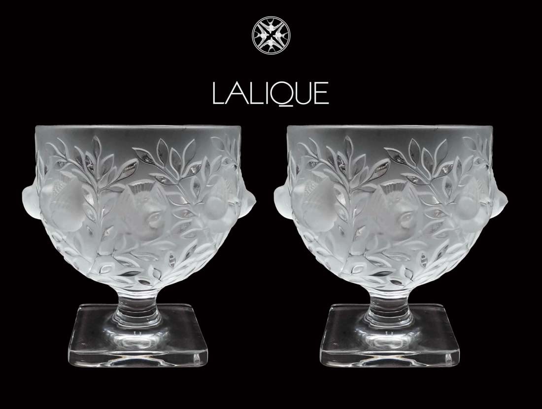 A Pair of LALIQUE Frosted Crystal Sparrow Figural Vases, Signed: A Pair of French LALIQUE Frosted Crystal Sparrow Figural Vases, Signed. H 5.5"