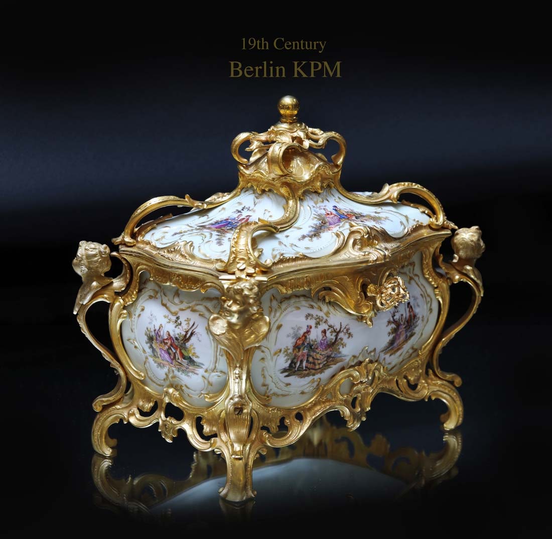 19th C. Berlin KPM Hand Painted Porcelain Figural Mounted Bronze Jewelry Box/Centerpiece: 19th C. German Berlin KPM Hand Painted Porcelain Figural Mounted Bronze Jewelry Box/Centerpiece. 10" x 6.5" x H 10"