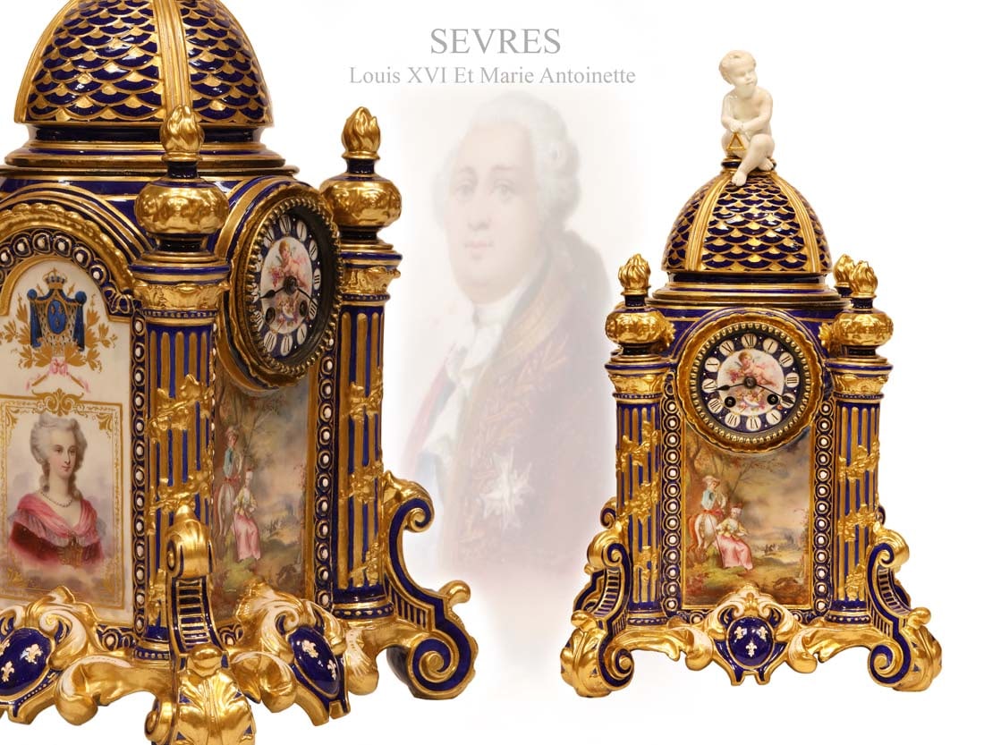 A Fine Large 19th C. Sevres louis XVI Et Marie Antoinette Clock: A Fine Large 19th C. Sevres louis XVI Et Marie Antoinette Hand Painted Porcelain Clock. H 17.5" x 10.5" x 10"