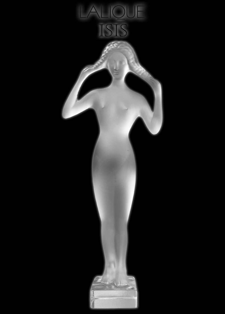 Isis, A Large Vintage LALIQUE Frosted Crystal Figurine, Signed: Isis, A Large French LALIQUE Frosted Crystal Statue, Hallmarked. H 13.5" x 5.75" x 2.75". Condition Note: There are slight scratches under the base of the statue (look at pictures). Very good conditio