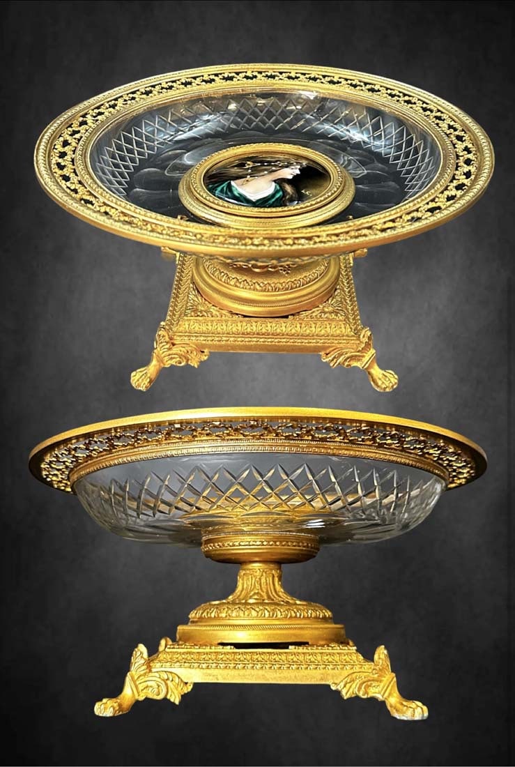 19th Century French Baccarat Crystal Bronze Hand Painted Portrait Enamel Centerpiece (1 of 1)