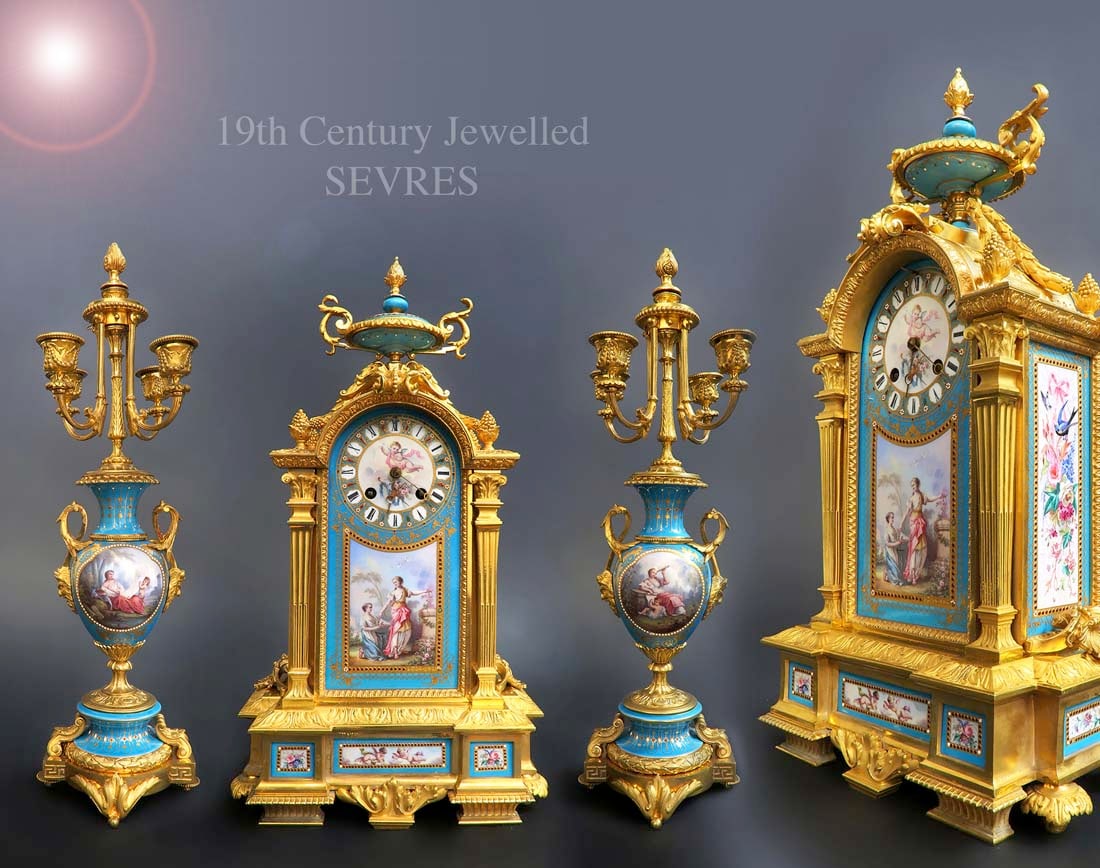 19th C. French Sevres Hand Painted Porcelain Ormolu Jeweled Clock set (1 of 12)