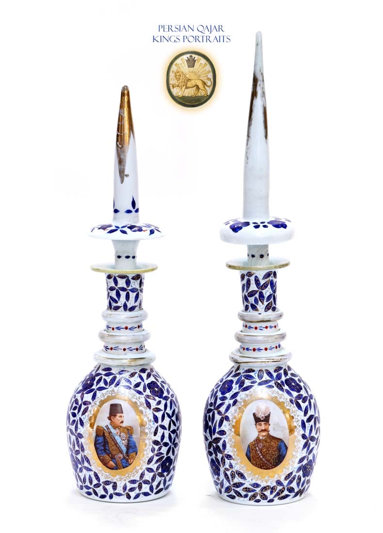 A Near Pair Of 19th C. Iran Qajar Kings Portraits Hand Painted Porcelain Covered Decanters: A Near Pair Of 19th Century Persian Qajar Kings Portraits Hand Painted Porcelain Covered Decanters. "Mozaffar ad-Din Shah Qajar" & "Naser al-Din Shah Qajar" Portraits. 23.5" x 6"; 21.5" x 6.25"
