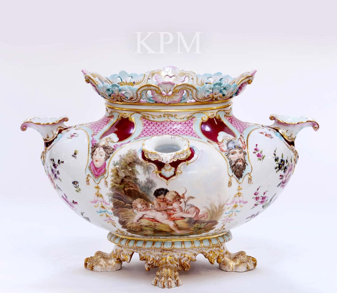 A Large 19th C. Berlin KPM Hand Painted Porcelain Vase/Centerpiece: A Large 19th Century German Berlin KPM Hand Painted Porcelain Vase/Centerpiece. H 12.8" x 19"