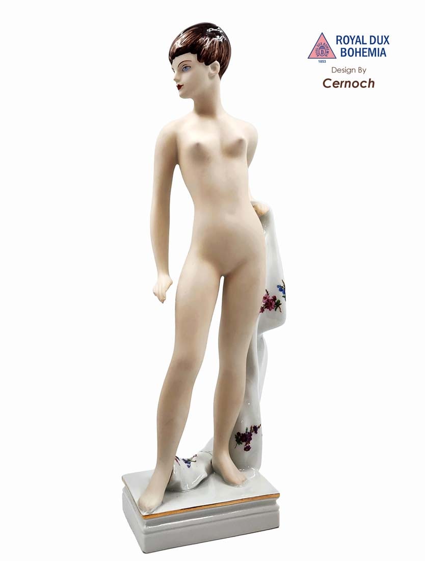 Standing Nude With Shawl, A Royal Dux Cernoch Designed Porcelain Figurine, Hallmarked: Standing Nude With Shawl, A Royal Dux Cernoch Designed Hand Painted Porcelain Figurine, Signed & Hallmarked. Czech Republic. H 12.5" x 4.5" x 4"