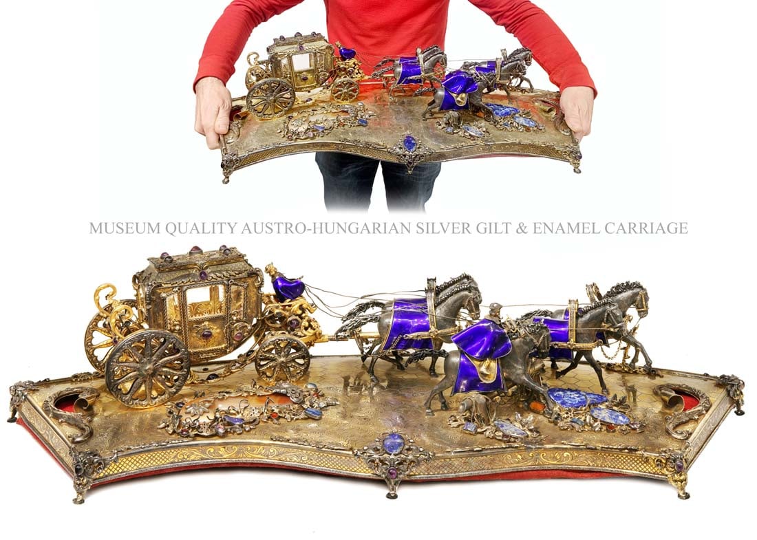 An Exquisite Museum Quality Austro-Hungarian Silver Gilt & Enamel Carriage Group Figurines: An Exquisite Museum Quality Austro-Hungarian Silver Gilt & Enamel Carriage Group Figurines Centerpiece. This magnificent Austro-Hungarian silver parcel gilt model of horse-drawn carriage features a to