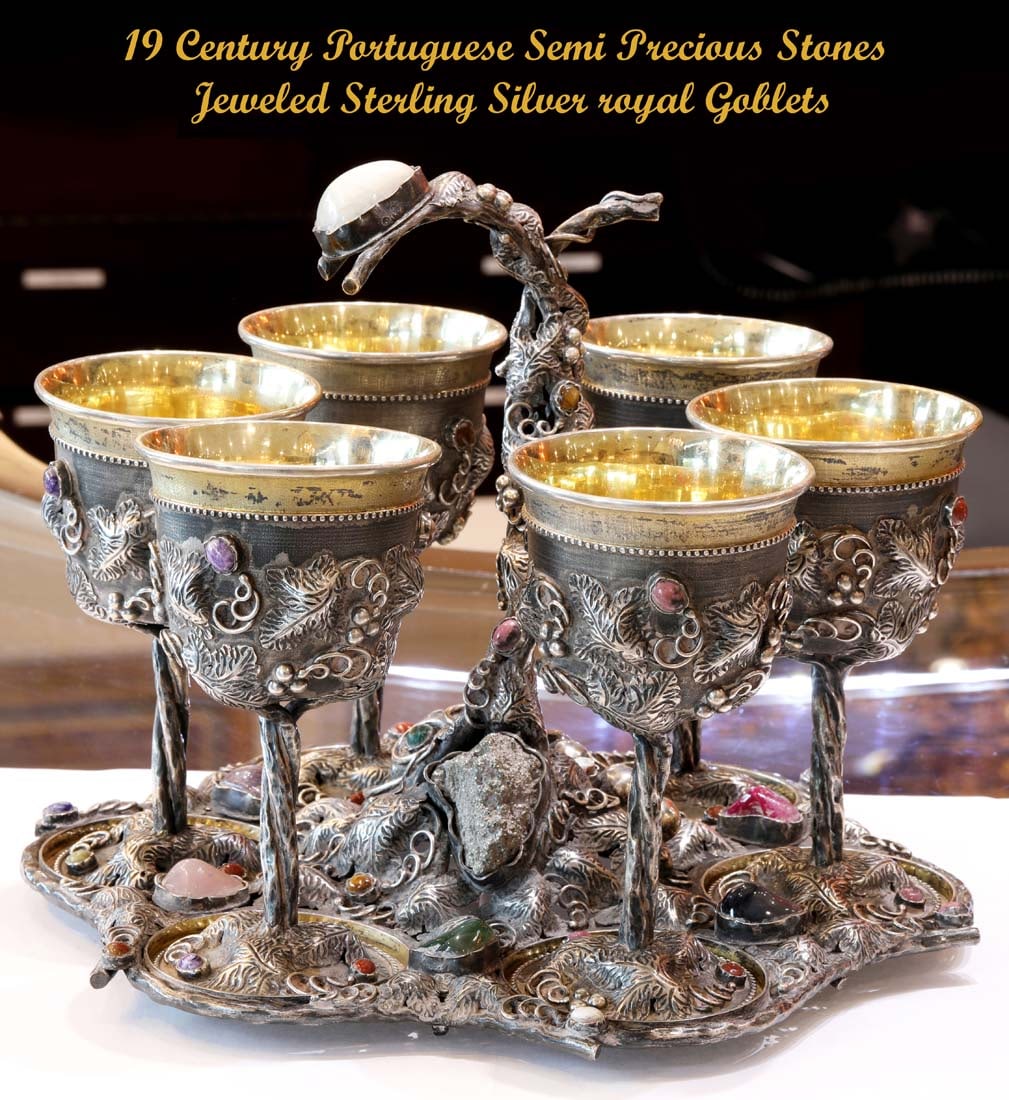 19 C. Portuguese Semi Precious Stones Jeweled Sterling Silver Royal Goblets: 19 Century Portuguese Semi Precious Stones Jeweled Sterling Silver Royal Goblets. H 6" x W 9", Appx. Weight: 2418 Grams.