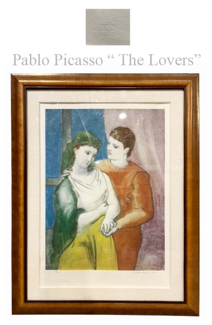 The Lovers 1923, A Pablo Picasso Limited edition Hallmarked Lithography Print: The Lovers 1923, A Rare Pablo Picasso Limited edition (23/500), Numbered by hand. Printed under Pablo Picasso company license on Hallmarked paper. 35" x 25"