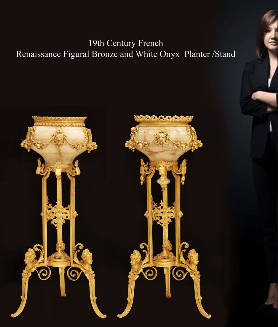 A Pair Of 19th C. French Renaissance Figural Bronze Onyx Planters/Stands: A Pair Of 19th C. French Renaissance Figural Bronze and White Onyx Planters/Stands. H 41.5"