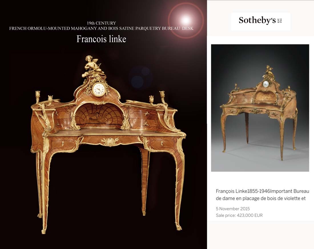 19th C. French F. Linke Bronze Mahogany Bois Parquetry Bureau Desk, Signed: 19th C. French Ormolu Mounted Mahogany and Bois Parquetry Bureau Desk Signed by Francois Linke. H 55" x 45" x 31"