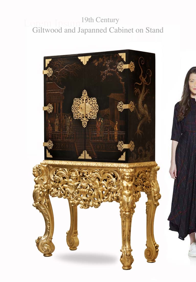 19th C. Japanned Hand Painted Bronze & Wood Cabinet On Figural Giltwood Stand: 19th C. Japanned Hand Painted Bronze & Wood Cabinet On Figural Giltwood Stand. H 69" x 35.5" x 19"