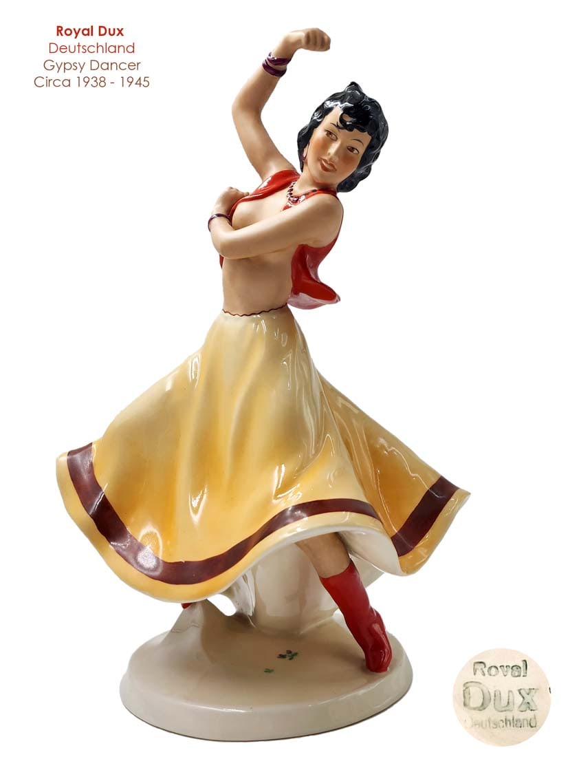 The Gypsy Dancer, A Very Rare Deutschland Royal Dux Porcelain Figurine, Hallmarked: The Gypsy Dancer, A Very Rare Vintage Deutschland Royal Dux (Germany, Circa 1938-1945) Hand Painted Porcelain Figurine, Signed. 7.5" x 5.5" x H 11.75"