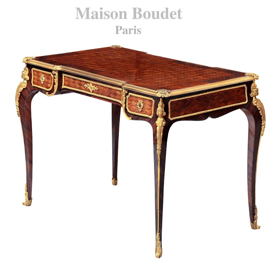 19th C. Mounted Figural Bronze Stain Parquetry Bureau Table/Desk, Maison Boudet Signed: 19th Century French Maison Boudet Mounted Figural Bronze Stain Parquetry Bureau Table/Desk. 42" x 24" x H 29.5"