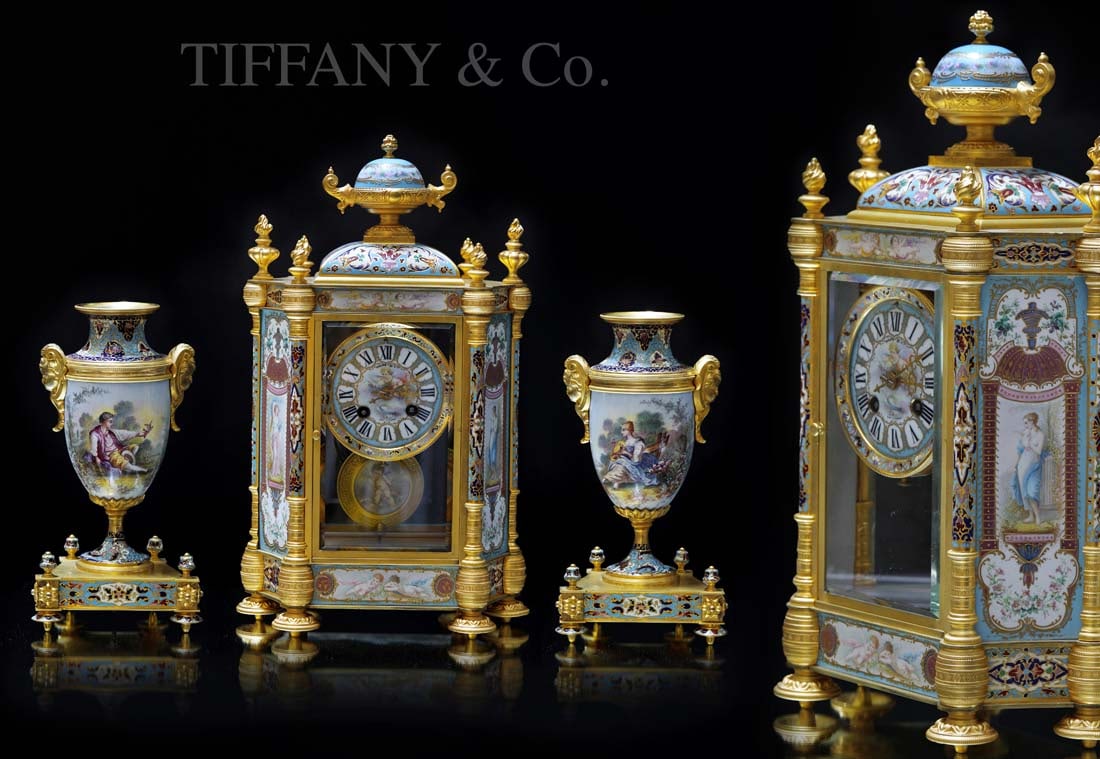 A Museum Quality 19th C. Tiffany & Co. Sevres Hand Painted Signed Champleve Bronze Clock Set (1 of 14)
