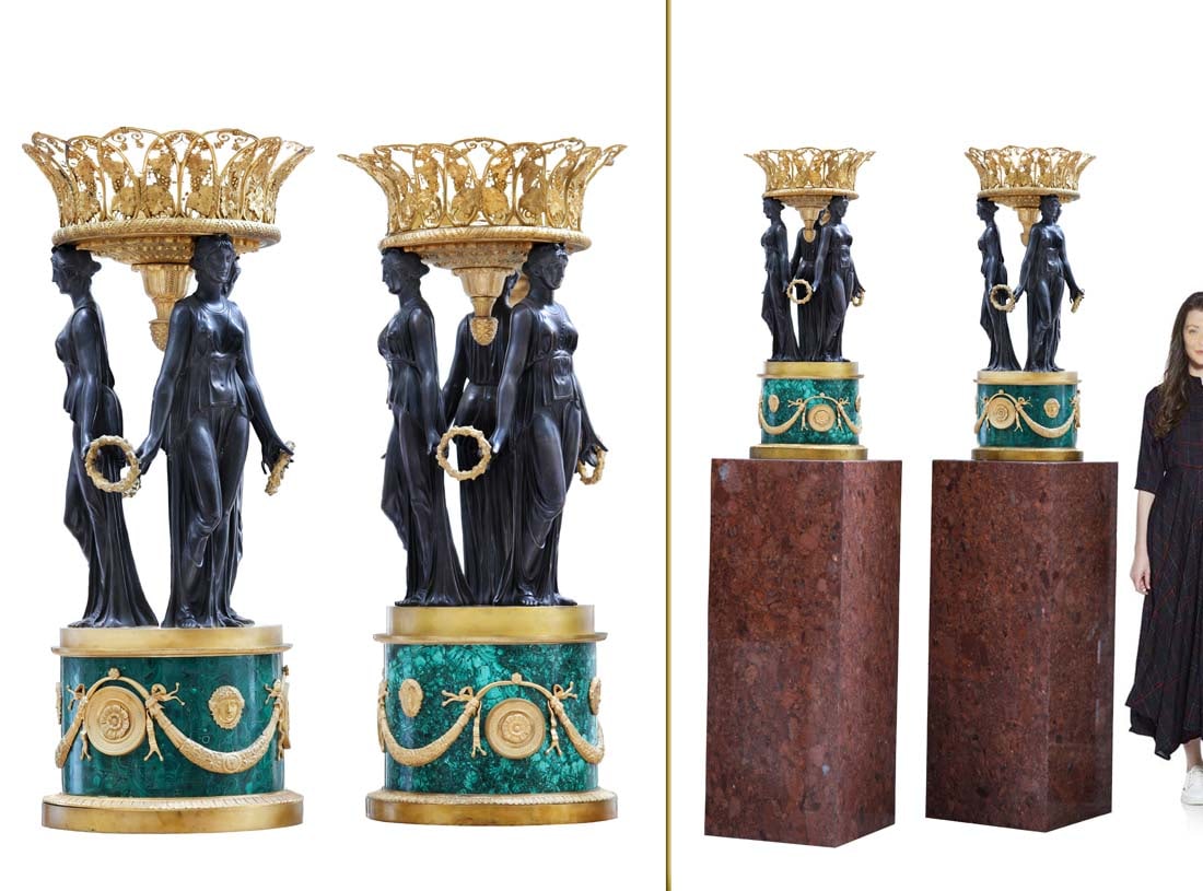 A Pair Of Monumental Empire Figural Bronze/Malachite Centerpieces (1 of 1)