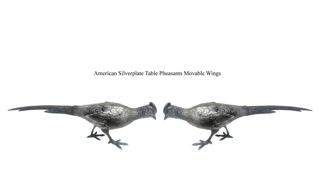 A Pair Of American Wallace Silver-Plated Movable Wings Pheasant Figurines, Hallmarked: A Pair Of American Wallace Silver-Plated Movable Wings Pheasant Figurines, Signed. W 11" x H 3"