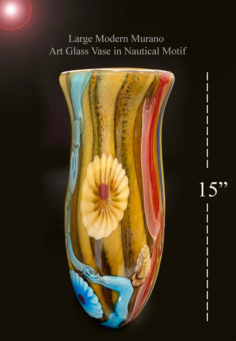 A Large Italian Murano Modern Nautical Motif Art Glass Crystal Vase: A Large Italian Murano Modern Nautical Motif Art Glass Crystal Vase. H 15"