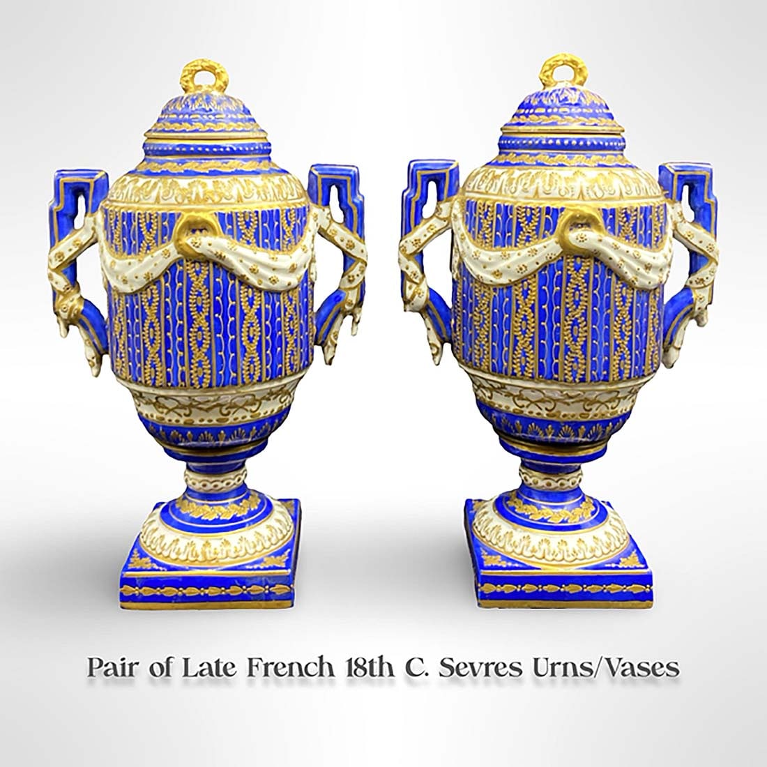 A ?Pair of Late 18th C. Sevres Porcelain Lidded Urns/Vases, Hallmarked: A ?Pair of Late 18th C. French Sevres Porcelain Lidded Urns/Vases, Hallmarked. H 12" x L 7"