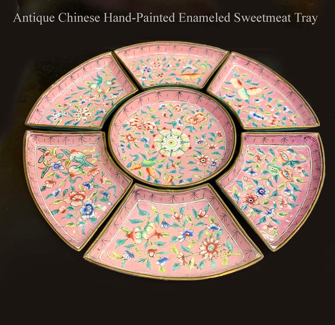 Antique Chinese Hand Painted Pink Enameled Sweetmeat tray (1 of 3)