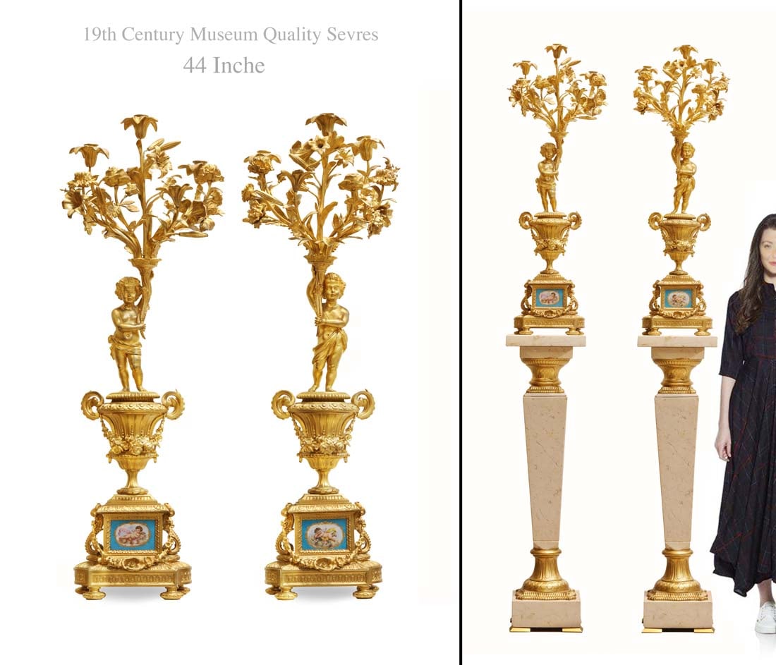A Pair Of Large 19th C. Sevres Plaques Figural Bronze Candelabras: A Pair Of Large 19th Century French Sevres Hand Painted Porcelain Plaques Figural Bronze Candelabras. H 44". Note: The pedestals are NOT included!