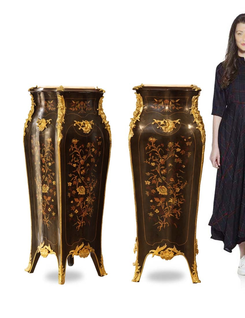 A Pair Of Louis XV Style Marquetry Inlaid Pedestals: A Pair Of Louis XV Style Marquetry Inlaid Pedestals. H 46" x 14" x 14"
