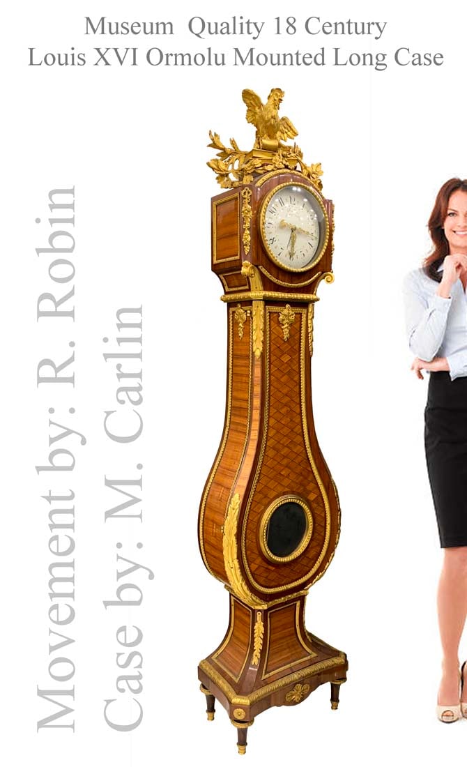 18th C. Museum Quality French Louis XVI Style Bronze Long Case Clock: 18th C. Museum Quality Louis XVI Ormolu Mounted Long Case Clock, Movement made by R. Robin (1742-1809), Case made by M. Carlin (1782). H 85" x W 20"