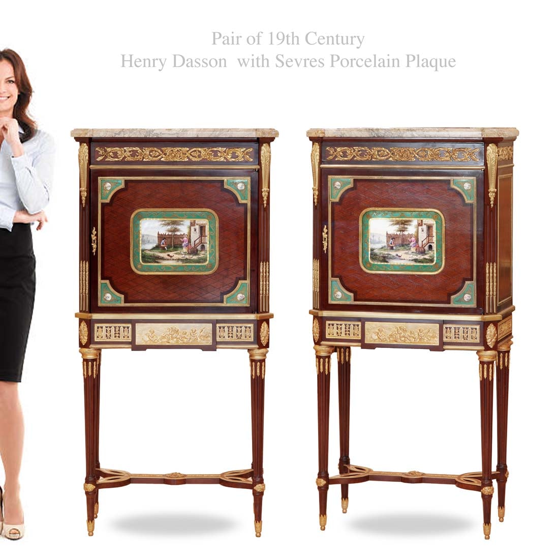 A Pair Of 19th C. Henry Dasson Bronze & Sevres Porcelain Plaque Cabinets: A Pair Of 19th Century French Henry Dasson Bronze & Sevres Hand Painted Porcelain Plaque Cabinets. h 60" X l 27"