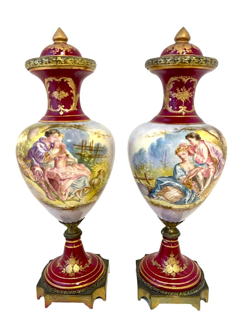 A Pair Of 19th C. French Sevres Hand Painted Porcelain Covered Vases: A Pair Of 19th C. French Sevres Hand Painted & Signed By Artist Porcelain Bronze Base Covered Vases. H 13" x D 4.5"