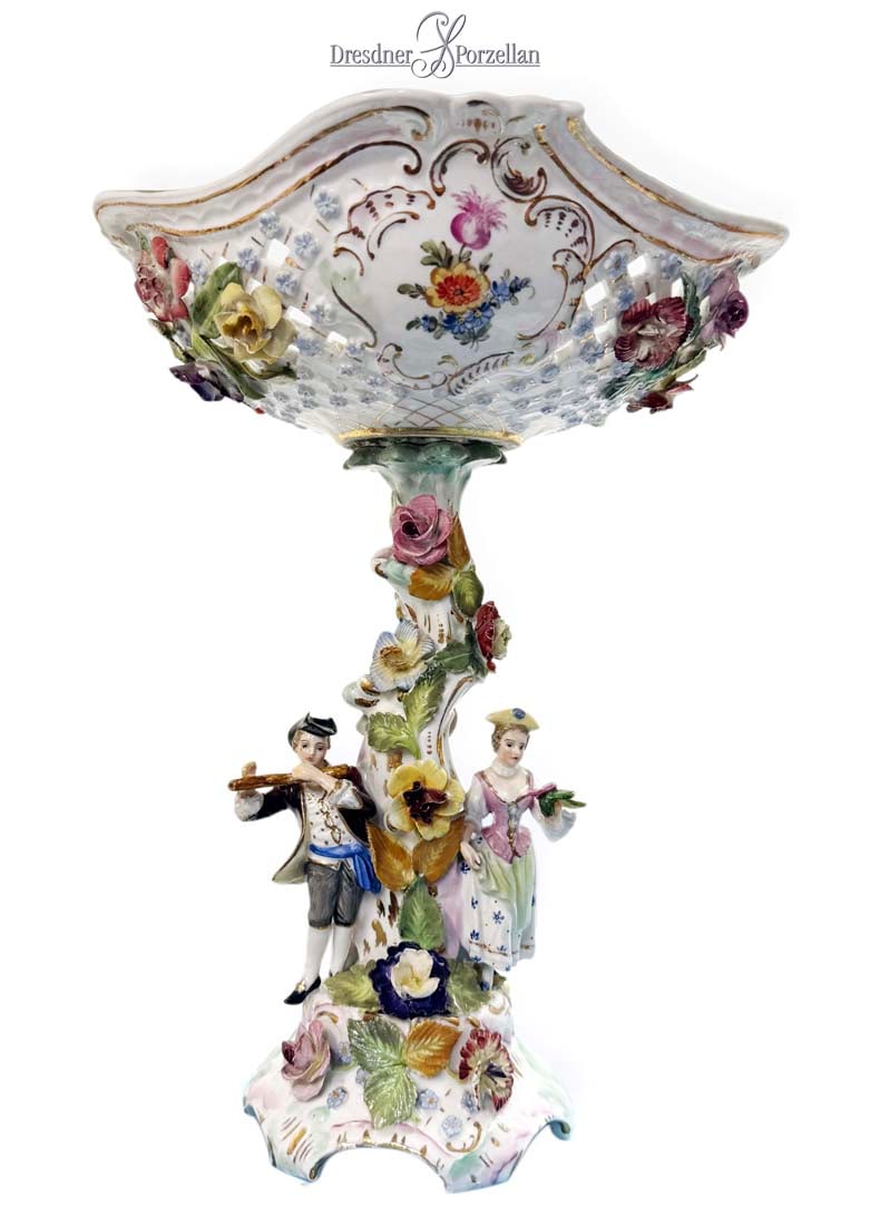 19th C. German Dresden Hand Painted Porcelain Figural Centerpiece/Tazza,, Hallmarked (1 of 11)