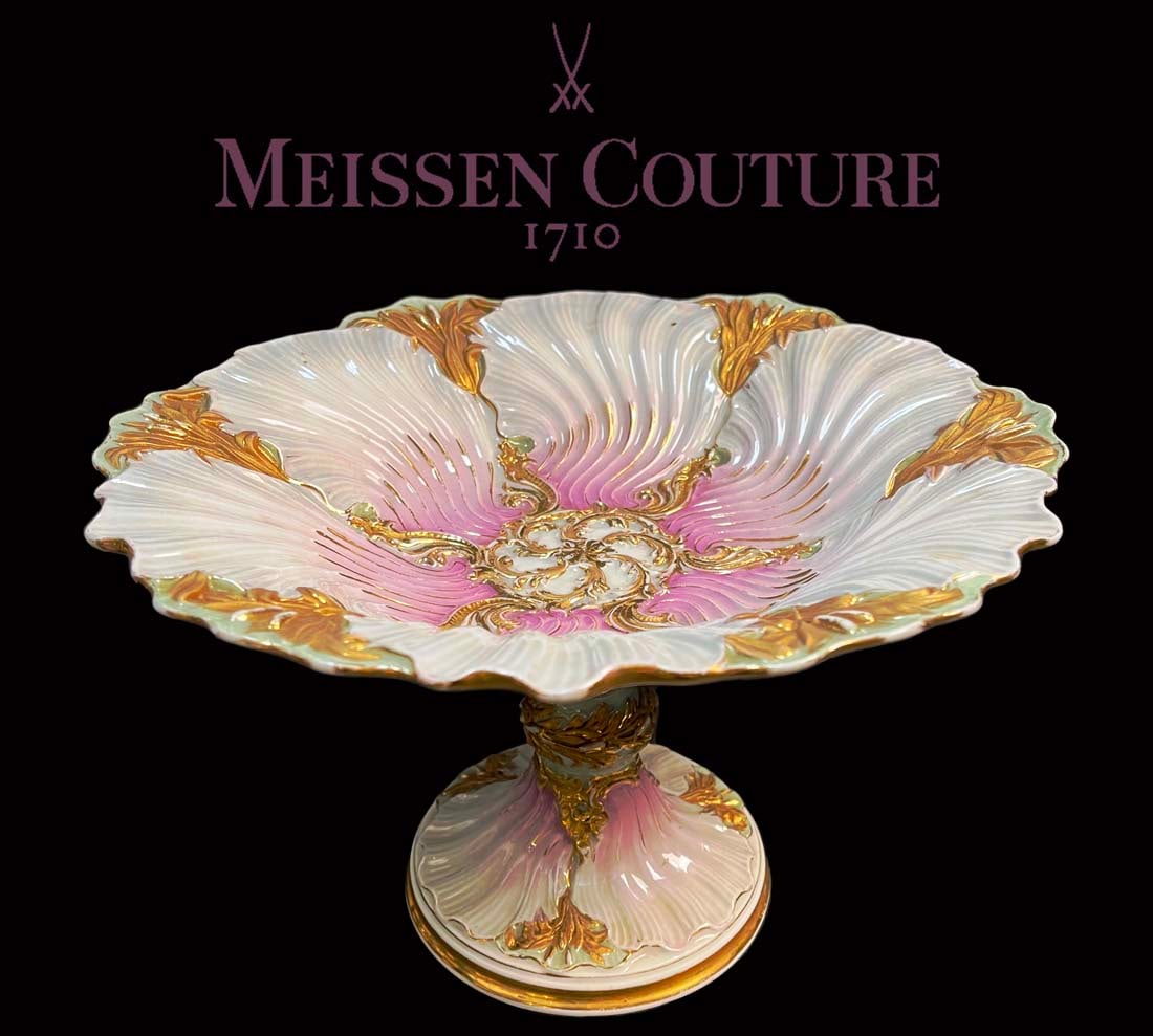 19th C. German Meissen Hand Painted Porcelain Centerpiece, Hallmarked: 19th C. German Meissen Hand Painted Porcelain Centerpiece, Signed. 11" D X 7" H