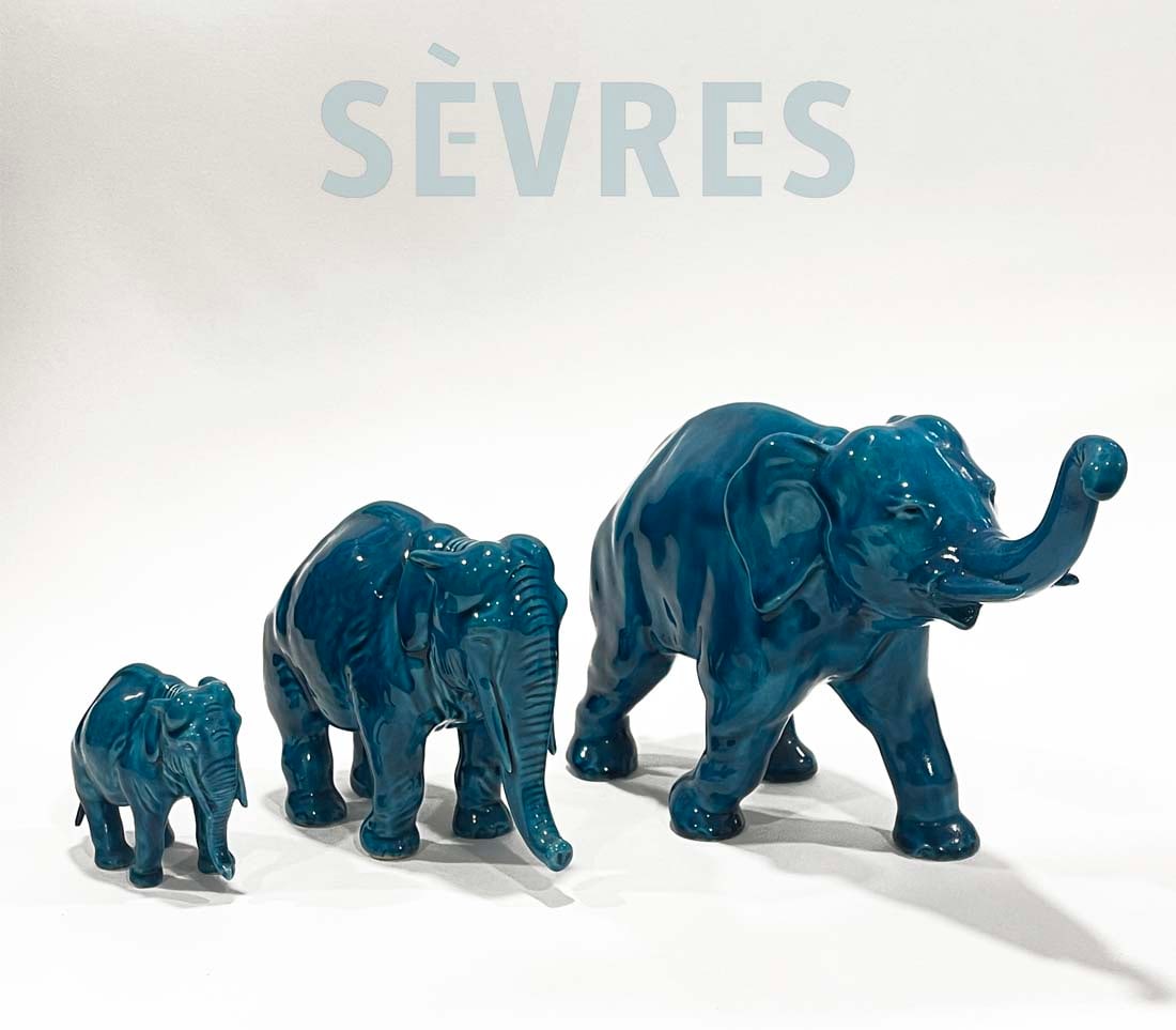 Paul Milet Sevres Porcelain Set Of Elephants Family Statues, Signed: Paul Milet Sevres Porcelain Set Of Elephants Family Statues, Signed. 11" H x 6.5" x 3" (large one), 7" H x 5" x 2" , 3" H x 3" x 1.5"