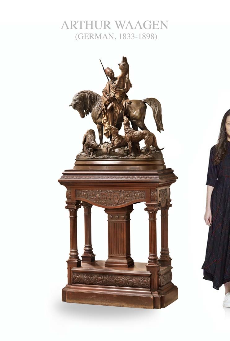 Exquisite 19th C. ARTHUR WAAGEN Orientalist Kabyle Hunter Patinated Bronze Group Sculpture: Exquisite 19th Century Arthur Waagen (as known German, 1833-1898) Orientalist Kabyle Hunter Patinated Bronze Group Sculpture on a separate rotary carved wooden Base. About Artist: ARTHUR WAAGEN, Born: