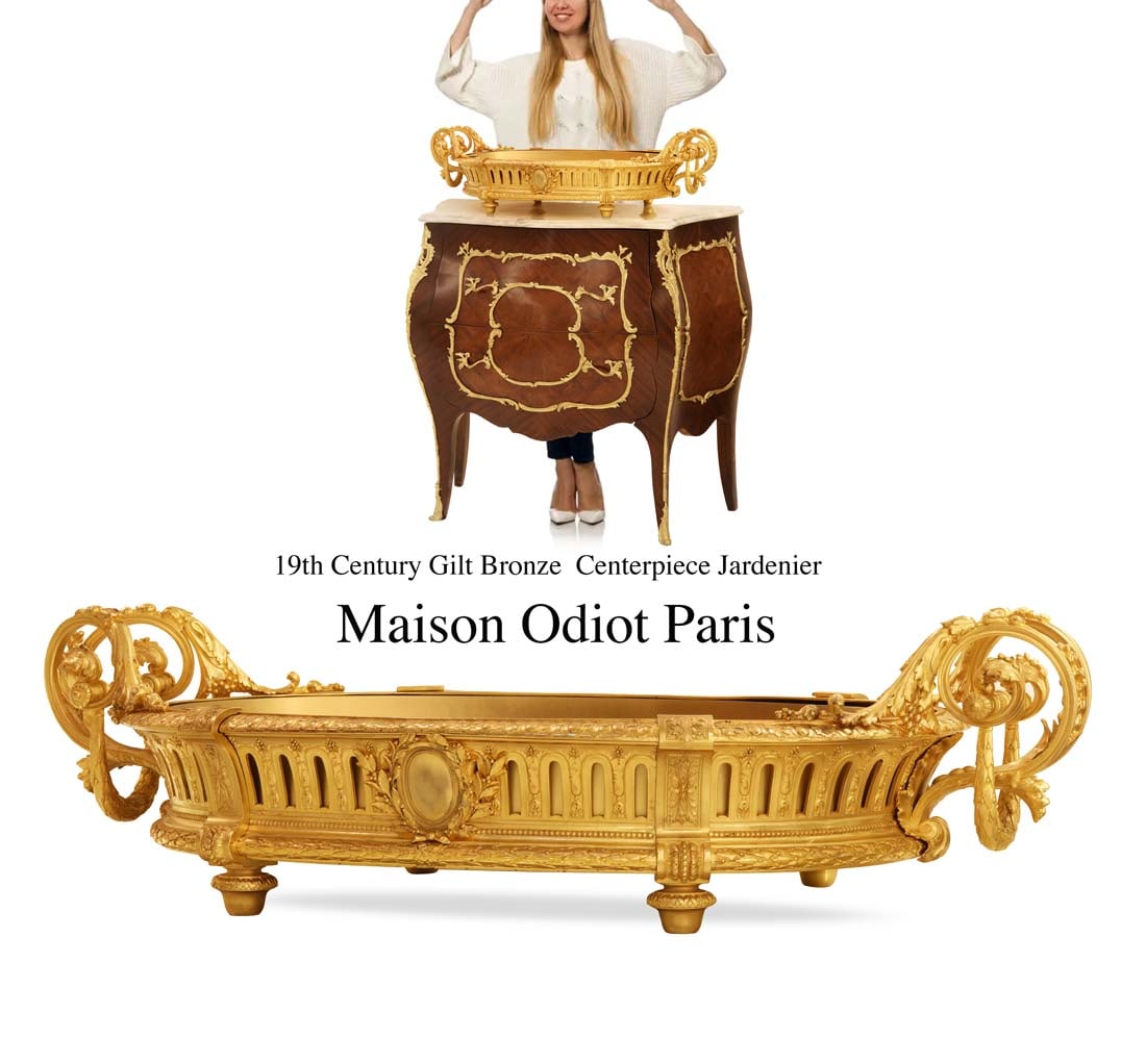 19th C. French Gilt Bronze Centerpiece/Jardiniere, Maison Odiot Signed: 19th C. French Gilt Bronze Centerpiece/Jardiniere Signed By Maison Odiot. NOTE: The Base/cabinet is NOT included! H 8" x 30" x 16"