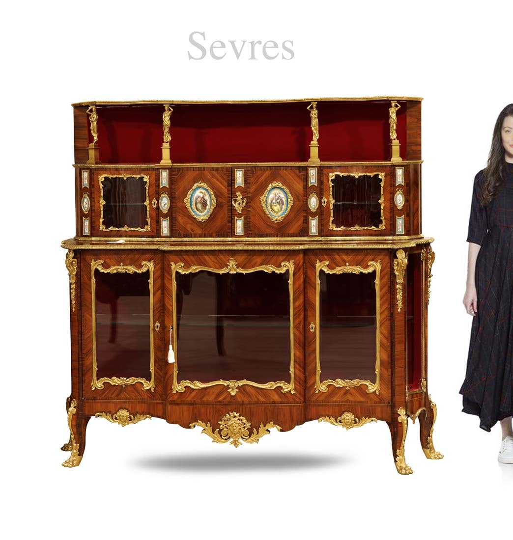 19th C. Sevres Hand Painted Porcelain Plaques Figural Bronze Vitrine Cabinet: 19th Century French Sevres Hand Painted Porcelain Plaques Figural Bronze Vitrine Cabinet. H 67" x 69" x 20"