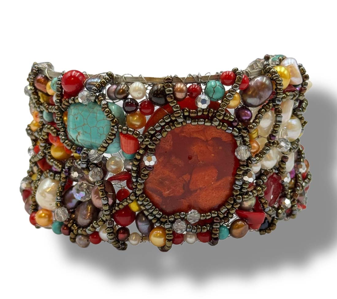A Vintage Hand Made Pearl, Turquoise, Coral & Carnelian Citrine Quartz Cuff Bracelet: A RARE Vintage Hand Made Pearl, Turquoise, Coral & Carnelian Citrine Quartz Cuff Bracelet. 6.5" x 2.7"