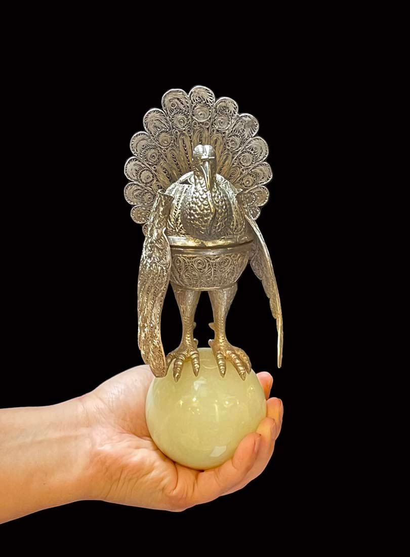A Persian Silver Peacock Figural Potpourri Bowl Onyx Base (1 of 6)