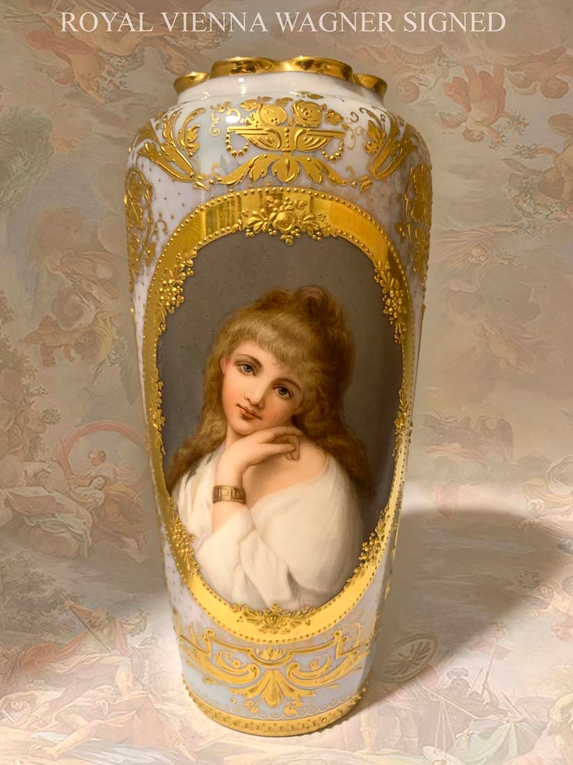 19th C. Royal Vienna Hand Painted Portrait Vase, Wagner Signed: 19th C. Austrian Royal Vienna Hand Painted Portrait Porcelain Vase, Hallmarked, Signed by Wagner. H 6.3"