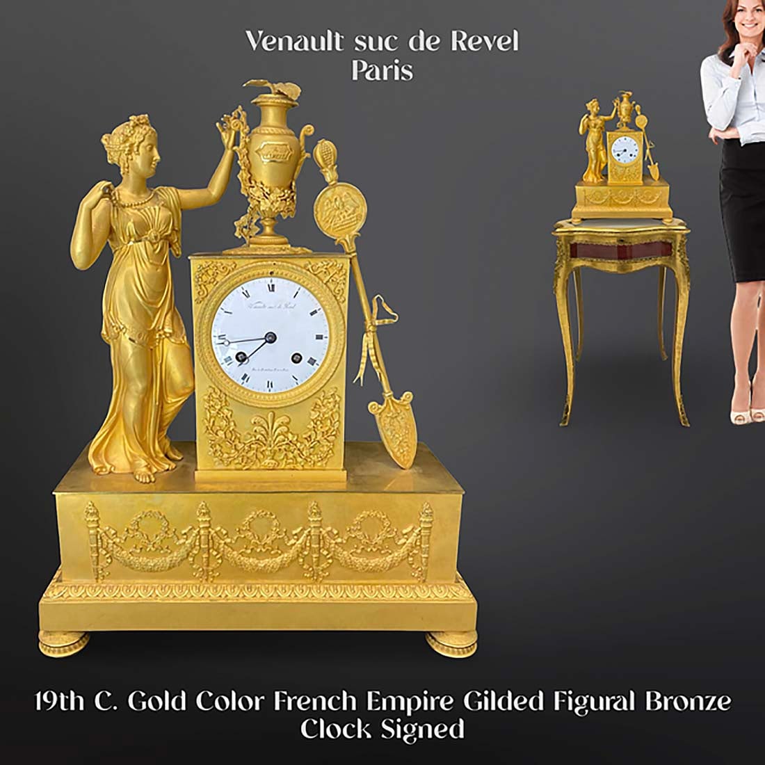 19th C. French Empire Style Figural Gilt Bronze Clock, Signed: 19th C. French Empire Style Figural Gilt Bronze Clock, Signed. Note: The pedestal is NOT included. H 17.75" x L 14" x W 5.1"