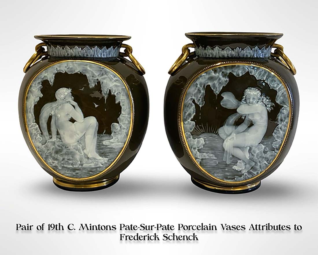 A ?Pair of 19th C. British Mintons Pate-Sur-Pate Porcelain Vases, Hallmarked (1 of 7)