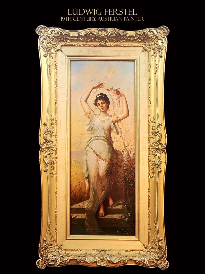 19th Century Austrian Ludwig Ferstel Framed Oil On Canvas, Signed: 19th Century Austrian Ludwig Ferstel figure of a woman Framed Oil On Canvas, L.Ferstel Signed. H 23.5 x L 12.5"