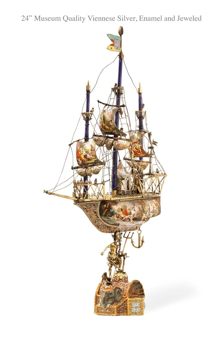 A Museum Quality 19th C. Viennese Silver Enamel Jeweled Miniature Ship: A Museum Quality 19th C. Austrian Viennese Silver Enamel Jeweled Miniature Ship. H 24" x 12" x 5"